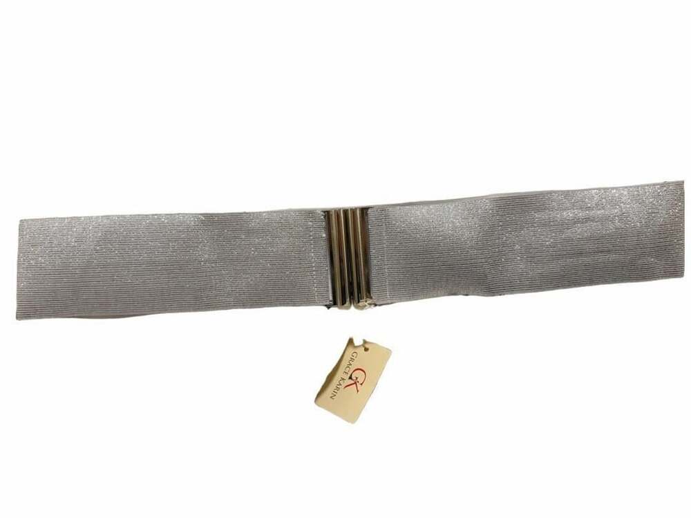 Grace Karin Elastic Waist Belt Size 3XL Silver Wide Metallic Cincher